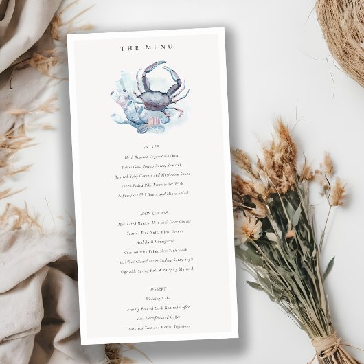Carte de menu Mariage nautique Coral de crabe sous