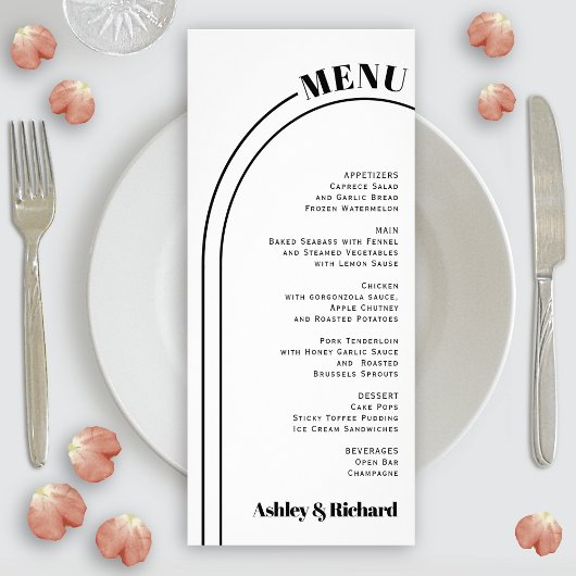 Carte de menu mariage noir, blanc arche et typogra