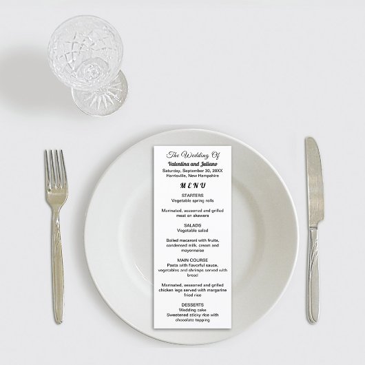 Carte de menu Mariage noir et blanc
