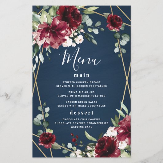 Carte de menu Mariage or bleu marine Bourgogne ble (Devant)