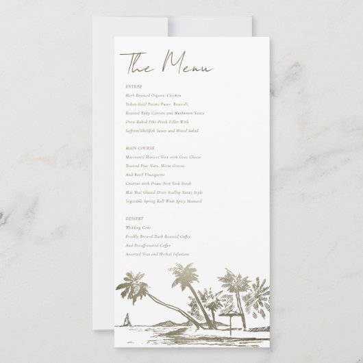 Carte de menu Mariage or Tropical Beach Palm Sketc (Devant)