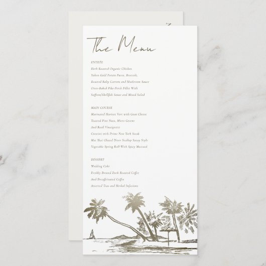 Carte de menu Mariage or Tropical Beach Palm Sketc (Devant / Derrière)