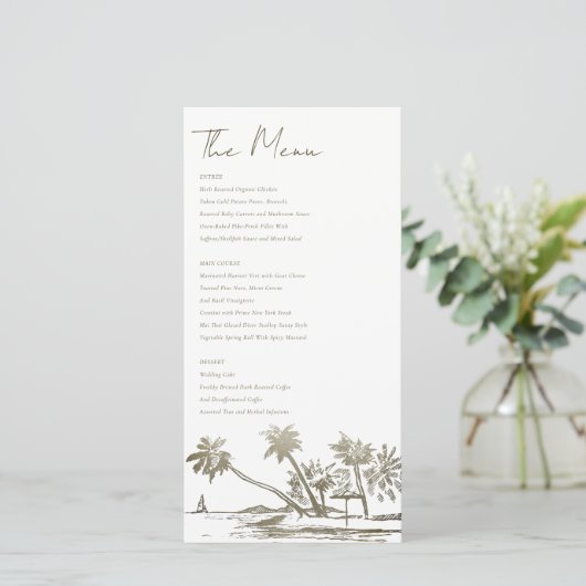 Carte de menu Mariage or Tropical Beach Palm Sketc (Debout devant)