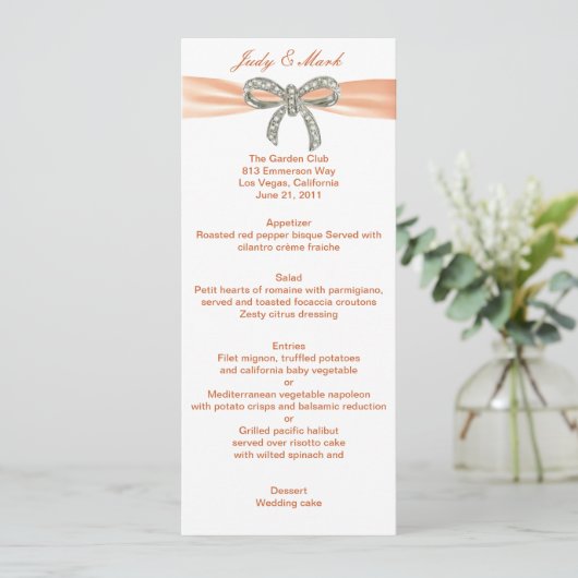 Carte de menu Mariage Orange Diamond Bow (Debout devant)