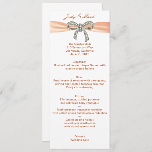 Carte de menu Mariage Orange Diamond Bow (Devant / Derrière)