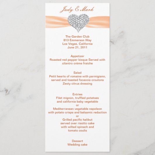 Carte de menu Mariage orange Diamond Heart (Devant)