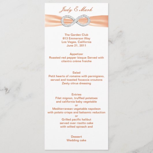 Carte de menu Mariage Orange Diamond Infinity (Devant)