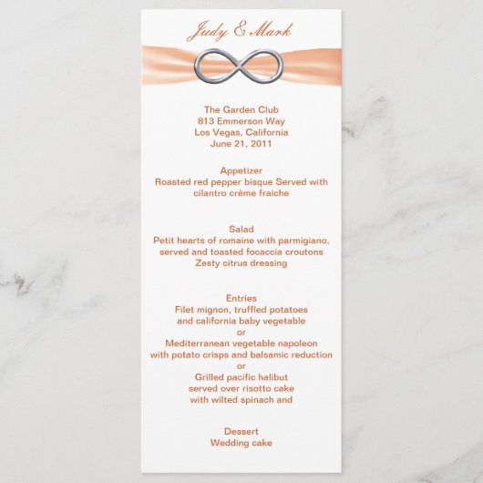 Carte de menu Mariage Orange Infinity (Devant)