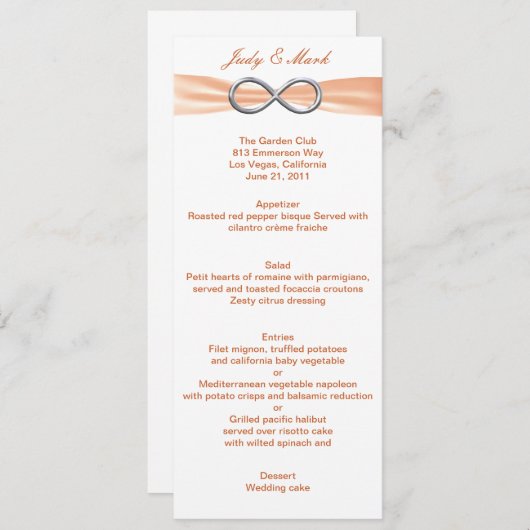 Carte de menu Mariage Orange Infinity (Devant / Derrière)