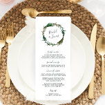 Carte de menu Mariage Palm Wreath<br><div class="desc">Notre menu tropical chic mariage est composé de plats d'entrée, d'entrées et de desserts en lettres élégantes, avec vos noms encerclés par une couronne verte en feuille de palmier botanique. Coordonnée avec notre collection de mariages de couronnes de palme. Utilisez les champs modèle pour ajouter les informations de votre menu,...</div>