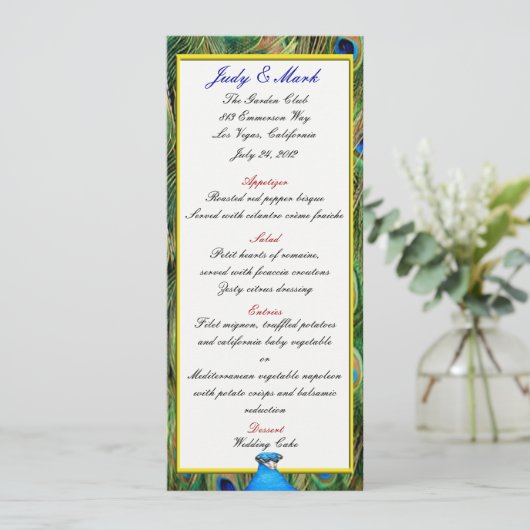 Carte de menu Mariage Peacock (Debout devant)