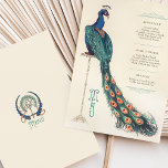 Carte de menu Mariage Peacock Art Nouveau<br><div class="desc">Apportez du raffinement à votre mariage grâce à cette carte de menu d'inspiration Art Nouveau qui présente une majestueuse illustration de paon. Le bleu, le vert et les oranges terreuses des plumes du paon ajoutent une touche de couleur, incarnant une élégance vintage. Le côté avant présente une disposition magnifiquement conçue...</div>