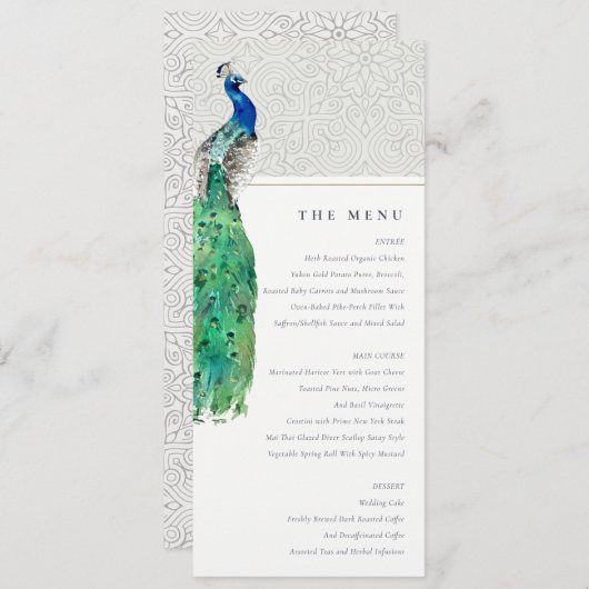 Carte de menu Mariage Peacock Ornate Classé (Devant / Derrière)