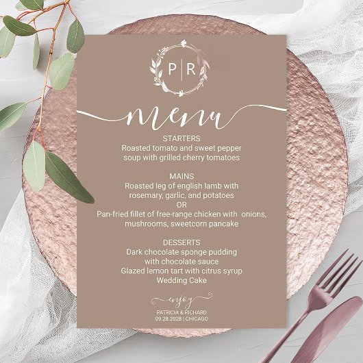 Carte de menu Mariage photo Grullo Monogram