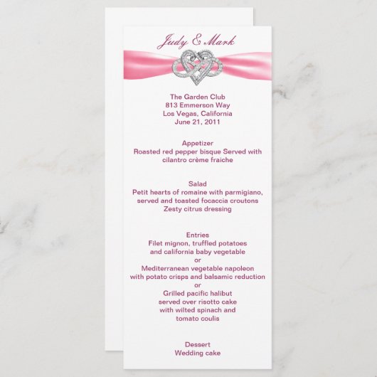 Carte de menu Mariage Pink Infinity Heart (Devant / Derrière)