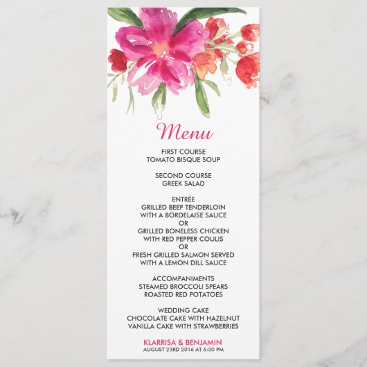 Carte de menu Mariage Pink Watercolor Flower (Devant)