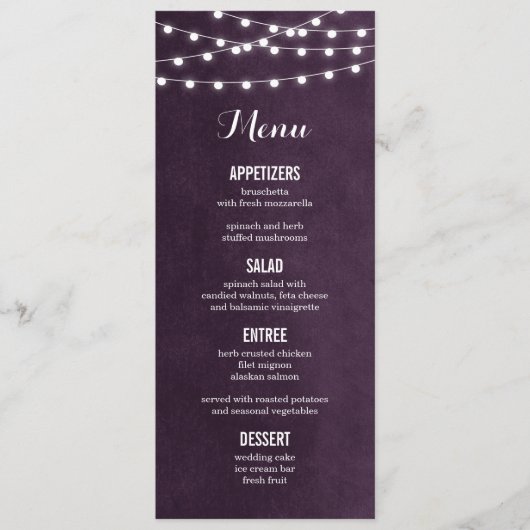 Carte de menu Mariage Plum String Lights (Devant)