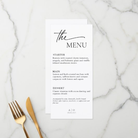 Carte de menu mariage pour dîner de trois plats (Devant/Arrière en situation)