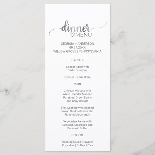 Carte de menu Mariage pour dîner simple Silver Cal (Devant)