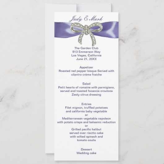 Carte de menu Mariage pourpre bleu diamant (Devant)