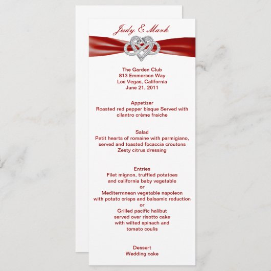 Carte de menu Mariage Red Infinity Heart (Devant / Derrière)