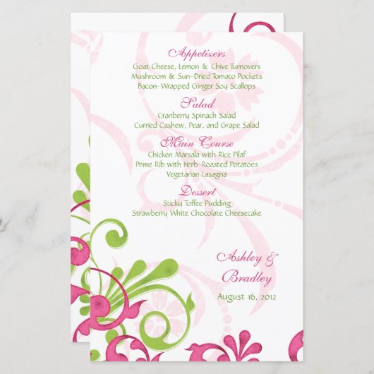 Carte de menu Mariage rose blanc (Devant / Derrière)