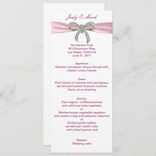Carte de menu Mariage Rose Diamond Bow (Devant / Derrière)