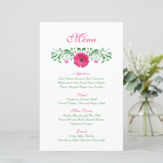 Carte de menu Mariage rose Gerbera Daisy (Debout devant)