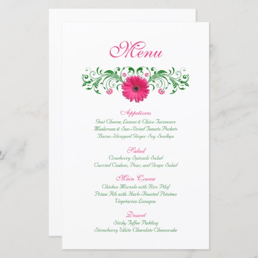 Carte de menu Mariage rose Gerbera Daisy (Devant / Derrière)