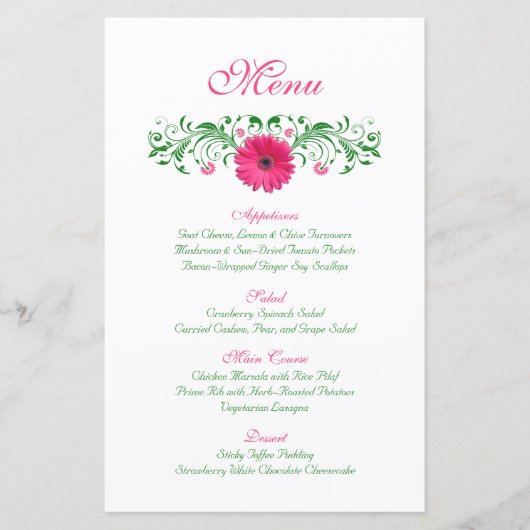 Carte de menu Mariage rose Gerbera Daisy (Devant)