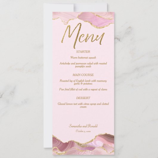 Carte de menu Mariage Rose & Gold Agate (Devant)