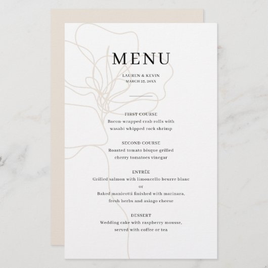 Carte de menu Mariage Rose illustrée (Devant / Derrière)