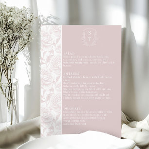 Carte de menu Mariage rose pâle Monogram Crest