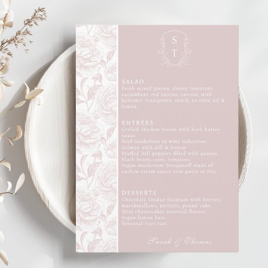 Carte de menu Mariage rose pâle Monogram Crest
