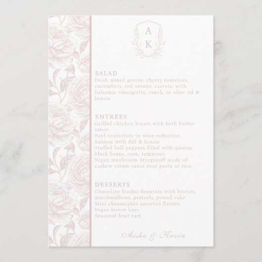 Carte de menu Mariage rose pâle Monogram Crest (Devant)