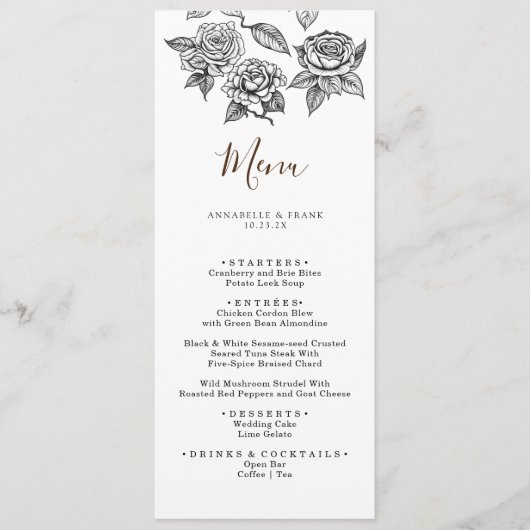 Carte de menu Mariage Rose Pencil Art Floral (Devant)