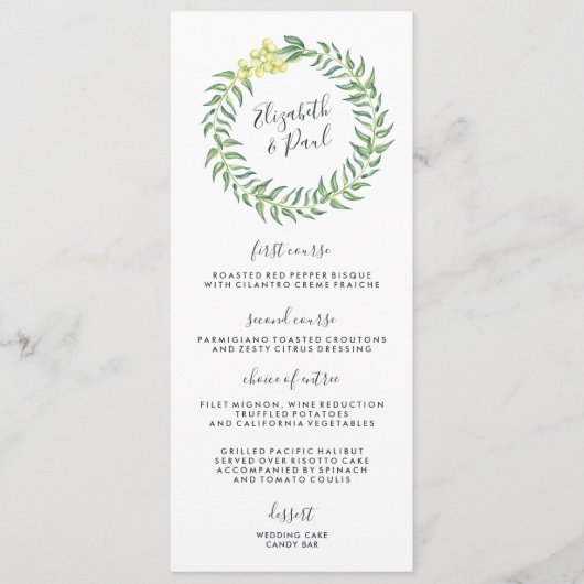 Carte de menu Mariage roses et olives (Devant)