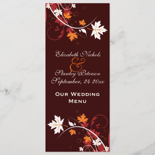 Carte de menu mariage rouge orange (Devant)