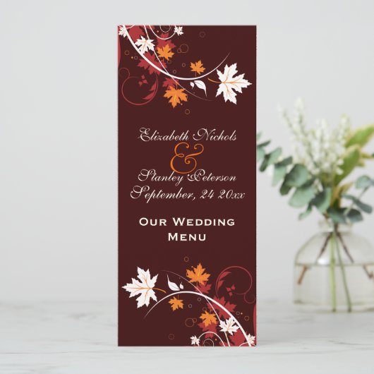 Carte de menu mariage rouge orange (Debout devant)