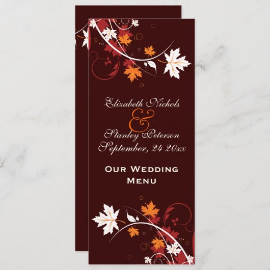 Carte de menu mariage rouge orange (Devant / Derrière)