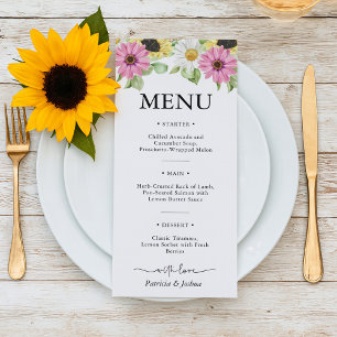 Carte de menu Mariage Rustic Sunflower Watercolor