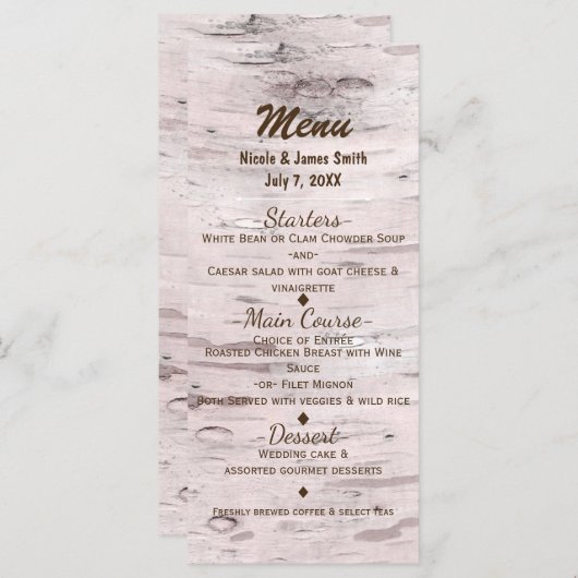 Carte de menu Mariage rustique Birch Tree & Heart (Devant / Derrière)