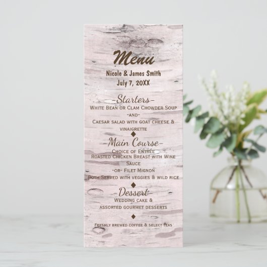 Carte de menu Mariage rustique Birch Tree & Heart (Debout devant)