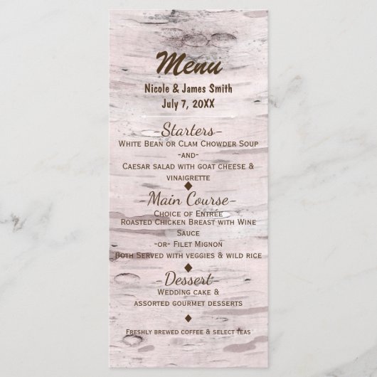 Carte de menu Mariage rustique Birch Tree & Heart (Devant)