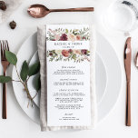 Carte de menu Mariage Rustique Bloom<br><div class="desc">Le menu chic mariage de l'automne vous propose des entrées, des entrées et des desserts en lettres élégantes, avec vos noms et votre date de mariage entourés de roses et de mamans aquarelles dans les tons automnaux de marsala, bordeaux, rose vif et ivoire, avec feuilles et feuillage vert foncé. Coordonnée...</div>