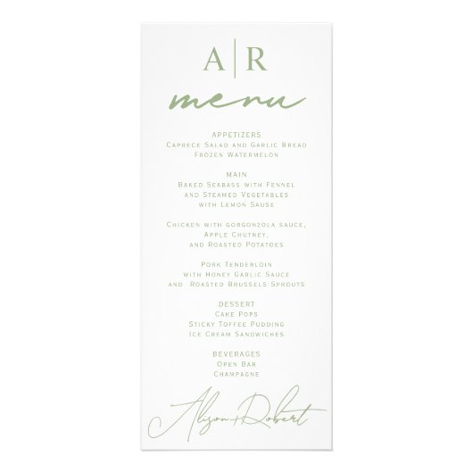 Carte de menu mariage Sage green script de calligr (Devant)