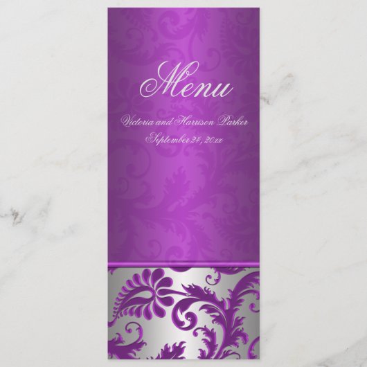 Carte de menu Mariage Silver and Purple Damask II (Devant)
