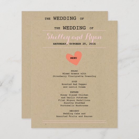 Carte de menu Mariage simple coeur (Devant / Derrière)