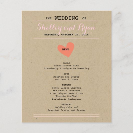 Carte de menu Mariage simple coeur (Dos)