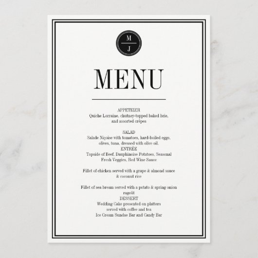 Carte de menu mariage simple et élégante (Devant)